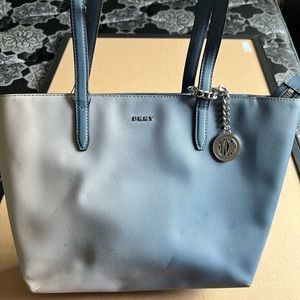 Baby blue and white nylon DKNY medium sized tote bag w/ DKNY monogrammed lining